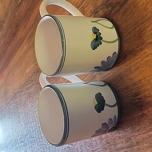 2 Vintage Caleca Mugs 4" Hand Painted Blue Flower Leaves Italian Made